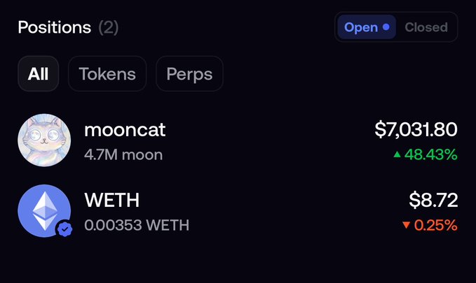 A cryptocurrency portfolio screen showing two open positions: 'mooncat' valued at $7,031.80 with a +48.43% gain and 'WETH' valued at $8.72 with a -0.25% loss.
