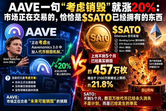 https://i.imgur.com/placeholder2.png — A promotional graphic comparing AAVE and SATO cryptocurrencies, featuring Stani Kulechov and text in Chinese stating that AAVE's price surged 20% on news of considering a token burn, while SATO has already burned approximately 4.57 million tokens (21.8% of supply) since launch.
