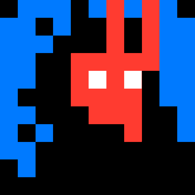 A pixel art illustration depicting a red alien-like character with two white eyes surrounded by black and blue geometric blocks against a black background.