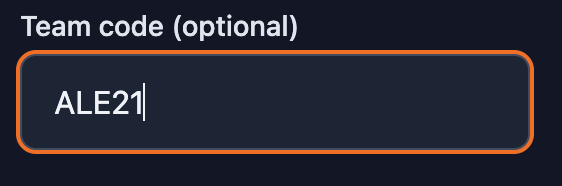 A dark interface with a text input field labeled 'Team code (optional)' containing the text 'ALE21'.