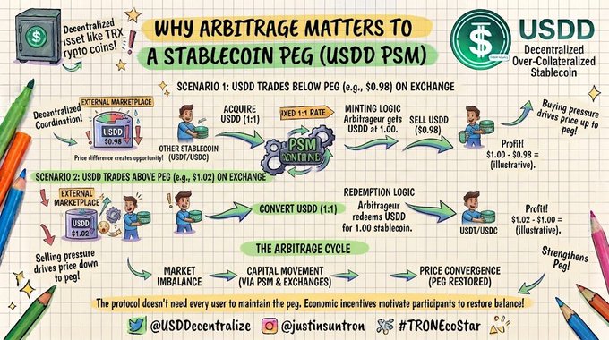 Infographic explaining why arbitrage matters to a stablecoin peg, specifically USDD (Decentralized Over-Collateralized Stablecoin) on the PSM, detailing two scenarios for price convergence.