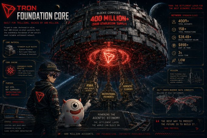 An infographic for 'TRON FOUNDATION CORE' promoting blockchain infrastructure, highlighting '400 MILLION+ ($8B STABLECOIN SUPPLY)' blocks composed, alongside a mascot character and stats about network stability.