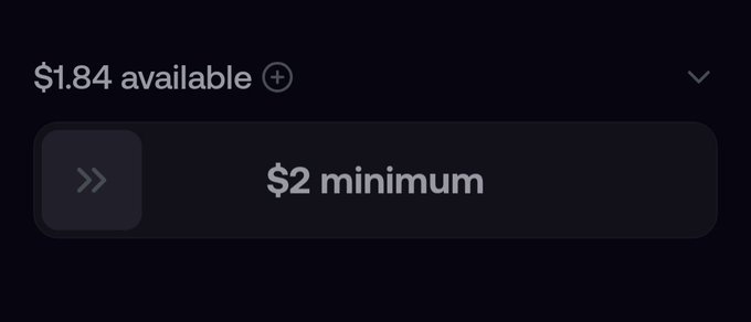 A digital wallet or payment app screen displaying "$1.84 available" at the top and a "$2 minimum" threshold message in the center.