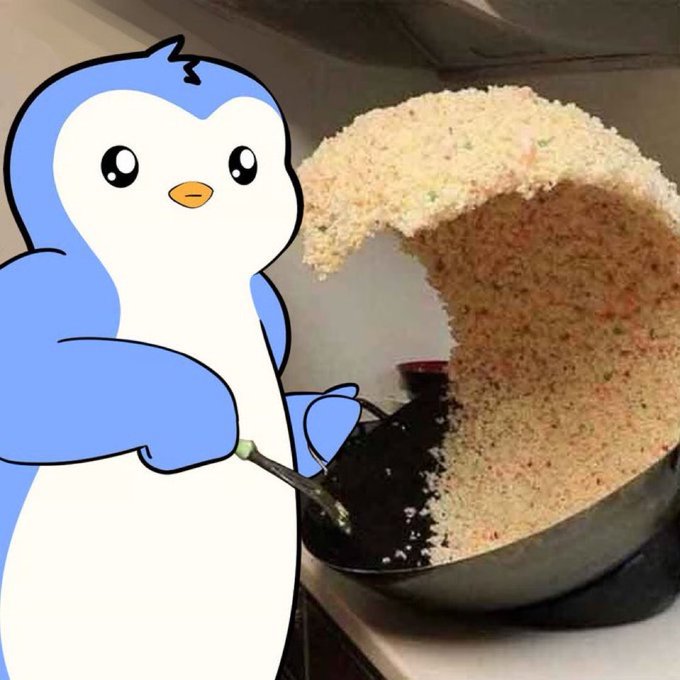 A blue cartoon penguin character is superimposed next to a mixing bowl filled with a crumbly, light-colored dough mixture being stirred with a spoon.