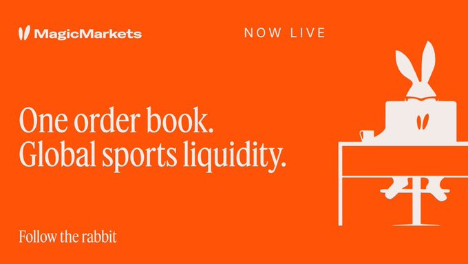 Banner for MagicMarkets with text 'NOW LIVE', 'One order book. Global sports liquidity.', and 'Follow the rabbit,' featuring an orange background with a white rabbit on a desk illustration.