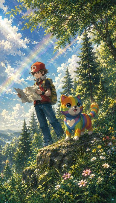 An anime-style illustration of a boy in a red cap reading a map alongside a colorful rainbow-striped cat, standing on a rocky outcrop surrounded by flowers under a rainbow sky.