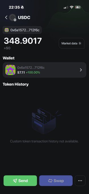 A screenshot of a mobile crypto wallet app displays a USDC token holding of 348.9017 (≈$0) within a custom token address starting with 0x6a1572, with options to Send or Swap at the bottom. The image relates to the "Arc chain" caption by showing a USDC balance on what appears to be the Arc blockchain network's wallet interface.