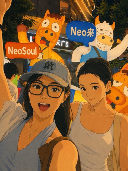 An anime-style illustration of two young women smiling, with colorful cow character mascots behind them and speech bubbles reading 'NeoSoul' and 'Neo来'.