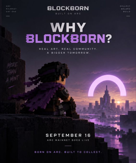 A promotional poster for "BLOCKBORN" announces "WHY BLOCKBORN? REAL ART. REAL COMMUNITY. A BIGGER TOMORROW." alongside "SEPTEMBER 16 ARC MAINNET GOES LIVE" and "BORN ON ARC. BUILT TO COLLECT," featuring a blocky, voxel-style character in a purple cape overlooking a futuristic sunset city. The poster visually reinforces the post's message about launching Blockborn on the same day as ARC Mainnet, answering the question "Why Blockborn?" with imagery of community, art, and a forward-looking future.