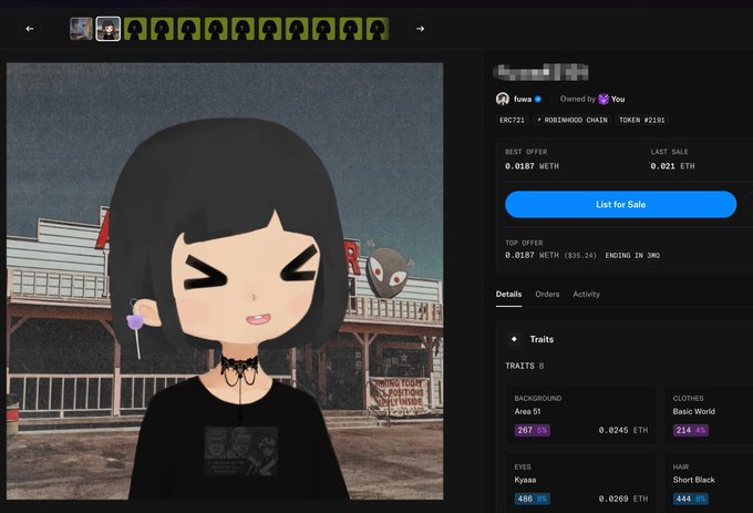 OpenSea NFT listing page showing a 'fuwa' character (ERC721 - ROBINHOOD CHAIN Token #2191) with traits including Kysaa eyes and Short Black hair, listed at 0.0187 WETH.