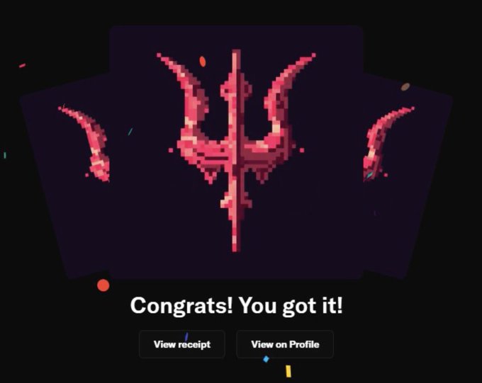 A pixel-art achievement screen displays 'Congrats! You got it!' with a pink/red creature design and buttons for 'View receipt' and 'View on Profile'.
