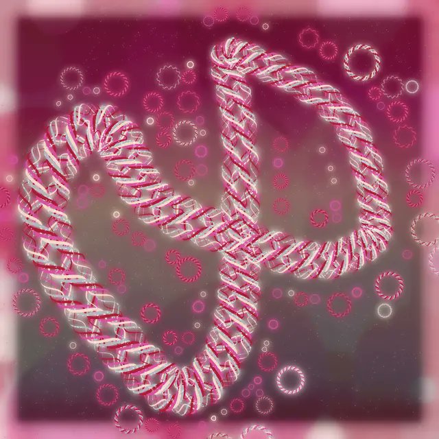 A decorative abstract artwork featuring intertwined red and white striped candy cane-like coils forming a circular pattern against a deep red background with various circular bokeh effects.