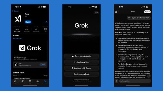 Three iPhone screenshots showcase the Grok AI app, displaying its App Store listing, login screen with options like 'Continue with Apple' and 'Continue with X', and a chat response about Elon Musk as a notable innovator.