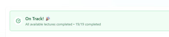 A light green progress notification reading 'On Track! 🎉 All available lectures completed • 19/19 completed' with a checkmark icon.
