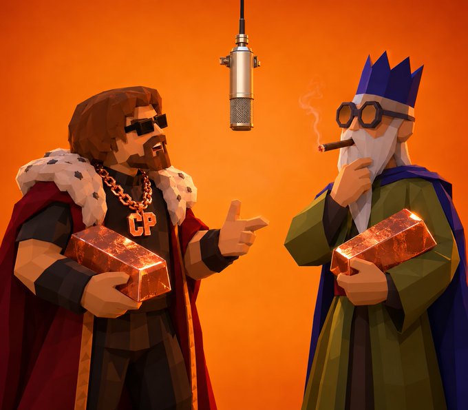 A 3D low-poly illustration of two regal figures holding gold bars in front of a hanging studio microphone against an orange background.