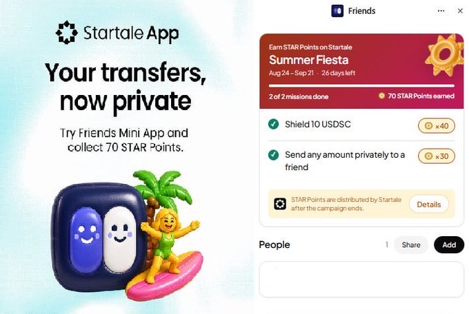 A promotional screen for the 'Startale App' reads 'Your transfers, now private' and features a 'Summer Fiesta' campaign running from Aug 24 - Sep 21.