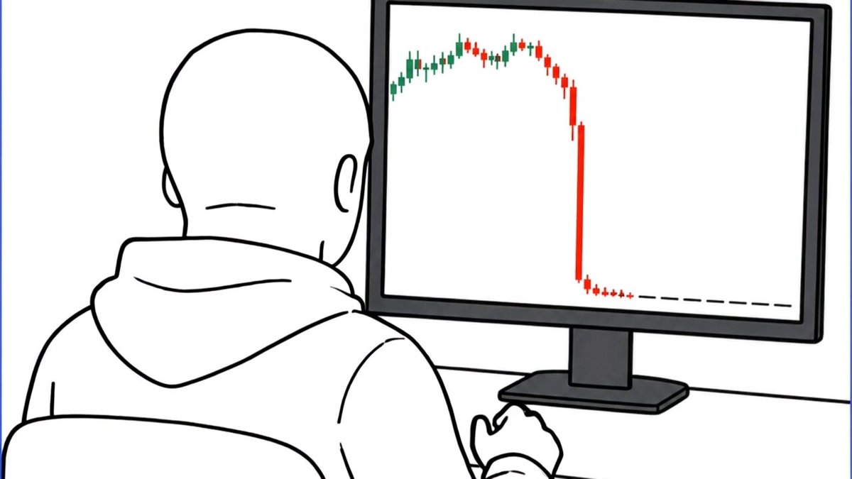 The image shows a man sitting at a desk with a computer screen displaying an image of stock market graphs. He is wearing a white jacket or hoodie while looking intently at his monitor, seemingly analyzing the trends displayed on the graph. The scene appears to be related to trading and finances in the context of cryptocurrency markets.