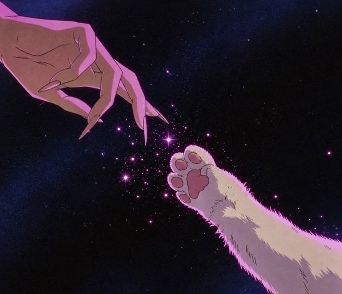 An anime-style illustration depicts a hand with long manicured nails reaching toward a furry animal paw with pink pads against a starry night sky.