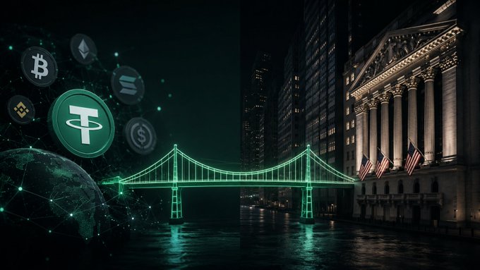 A digital composite image featuring cryptocurrency logos (Bitcoin, Ethereum, Tether, Solana) and a glowing green bridge over water, set against a nighttime cityscape with the New York Stock Exchange building.