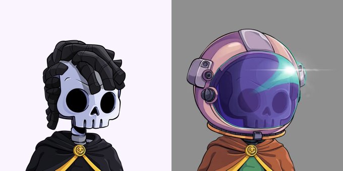 Two cartoon illustrations of skull-headed characters, one with black dreadlocks and a black cloak, the other wearing a purple astronaut helmet and brown cloak.
