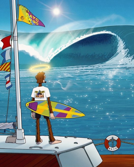 An illustration of a monkey character with a halo standing on a boat holding a surfboard, looking out at a massive wave under a bright sun, with a 'BAYC' flag flying on the boat.