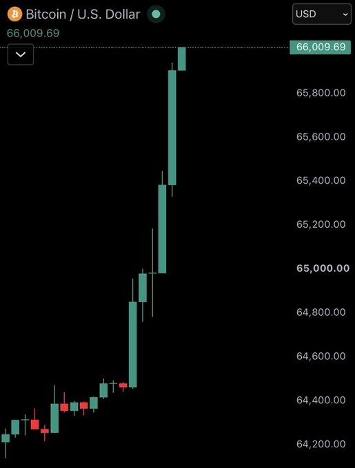 Bitcoin/U.S. Dollar candlestick chart showing a sharp price surge up to $66,009.69, breaking above the $65,000 range.