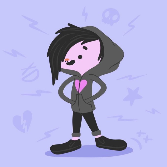 A cartoon character in a black hoodie with a pink heart on the chest stands confidently amid floating symbols of skulls, lightning bolts, stars, and broken hearts on a lavender background, evoking a meme-style "edgy" crypto vibe that pairs with the post's teasing teaser about an upcoming accumulation phase and a missing contract address (CA).