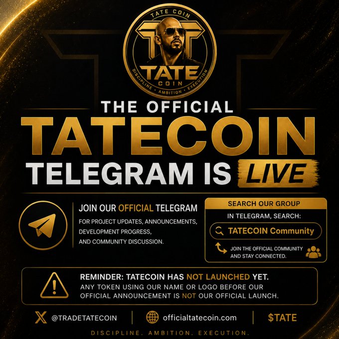 A promotional graphic for 'TATECOIN' featuring a golden coin with Andrew Tate's face, announcing 'THE OFFICIAL TATECOIN TELEGRAM IS LIVE' with search instructions.