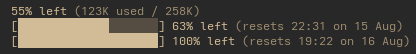 The image shows two storage or quota indicators with usage statistics: 55% left (123K used / 258K) and 63% left (resets 22:31 on 15 Aug) alongside 100% left (resets 19:22 on 16 Aug). The discrepancy between the percentages and reset times likely relates to the user's concern about an issue, possibly indicating inconsistent quota tracking or a glitch in the system.