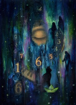 A mystical, dreamy painting of a clock face with numbers floating among starry, aurora-like colors, with silhouettes of figures and a small boat.