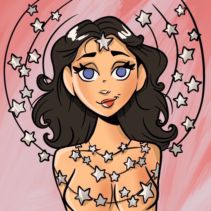 The user wants a concise 1-2 sentence caption describing the image.
I need to look for key text, numbers, tickers, or names visible in the image itself.
Looking at the image:
- It's an illustration of a woman with dark hair and blue eyes.
- She has stars on her forehead and body.
- There are stars floating around her in circular patterns.
- The background is pinkish.
- There is no visible text *on* the image itself (no ticker, no number, no name written on the art).
- The prompt includes accompanying text: "I’m not an ETH snob….. but my @MetaVixensNFT might just look a bit sexier today after the migration! Mainnet baby!". This text provides context but isn't *in* the image.
- Wait, the prompt asks to "Include any key text, numbers, tickers or names visible." Since there is none visible *in* the image,