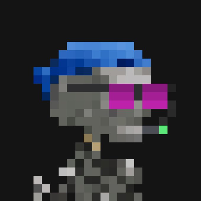 A pixel art character with a gray, blocky body, blue helmet/hat, and vibrant pink visor stands against a black background. The image appears to be NFT artwork related to the poster's claim of "sniping" a "void" collectible at floor price from panicked sellers.