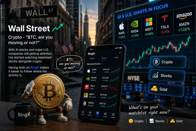An advertisement for BingX featuring Wall Street stock tickers (AAPL, NVDA, MSFT, TSLA, AMZN) and tokenized stocks, with a Bitcoin character asking 'BTC, are you moving or not?'