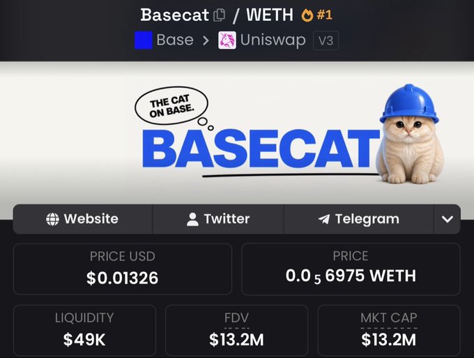 The image shows a cryptocurrency trading page for the BASECAT/WETH token pair on Uniswap V3 (Base network), displaying a price of $0.01326, liquidity of $49K, and FDV/Market Cap of $13.2M, with a meme graphic of a cat in a blue hard hat captioned "THE CAT ON BASE."

This relates to the post as it showcases BASECAT's current trading metrics on the Base network, suggesting the meme token is part of ongoing Base ecosystem activity that "Brian" (likely referencing Base creator Jesse Pollak or Coinbase's Brian Armstrong) should appreciate.