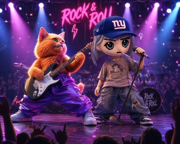 A concert scene featuring an orange cat playing an electric guitar next to a stylized character with an 'ny' cap singing into a microphone, with 'Rock & Roll' displayed in neon lights above.