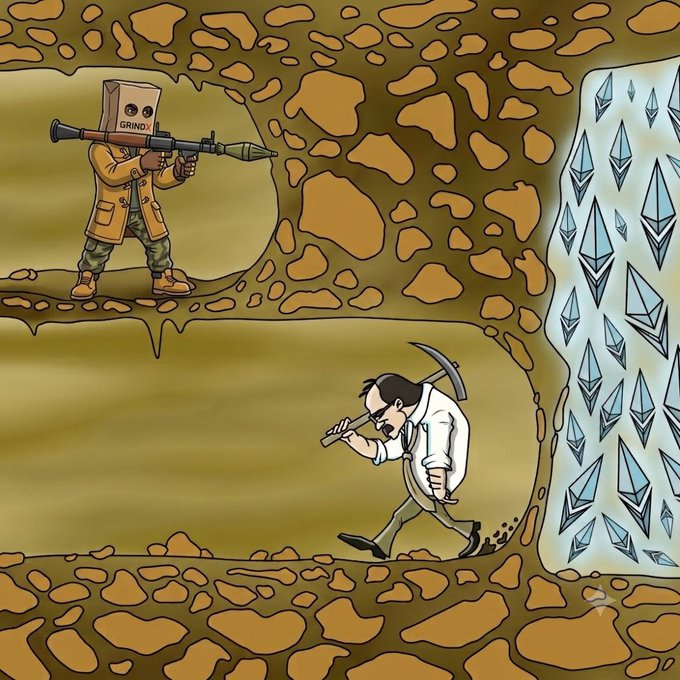A cartoon depicts a masked figure labeled "GRIND" wielding a rocket launcher in a cave, while below, a determined miner in a lab coat digs toward a massive crystal cluster, symbolizing relentless perseverance in the NFT space. The image illustrates the post's message that "You lose when you give up," emphasizing the importance of persistence and continued effort in the crypto/NFT grind.