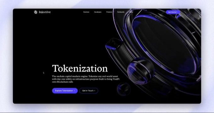 A dark-themed webpage for Injective featuring a 3D metallic object and the heading 'Tokenization,' describing it as the 'onchain capital markets engine' to bring TradFi onto blockchain rails, with buttons to 'Explore Tokenization' and 'Get in Touch.'