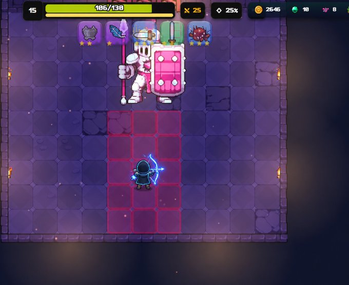 A pixel art style video game screenshot showing a small character with a bow facing a large armored knight enemy with a pink shield on a tiled grid floor, with a health bar showing 106/130 and resource counters at the top.