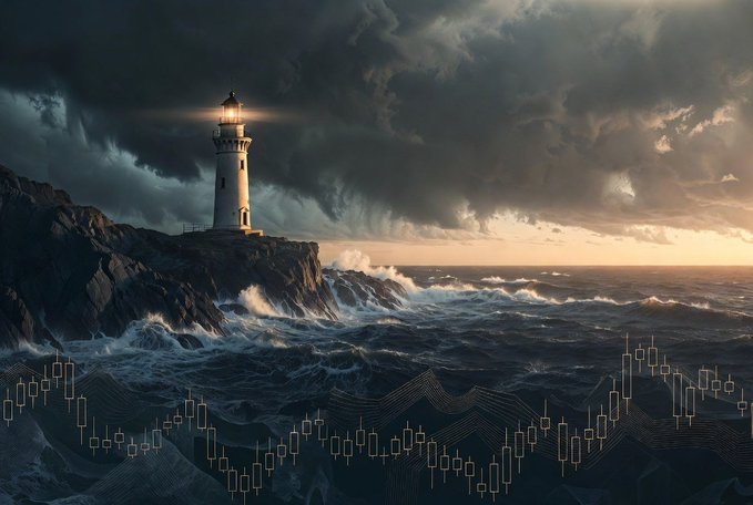 A dramatic scene of a lighthouse on rocky cliffs with stormy waves and clouds at sunset, overlaid with a candlestick chart pattern suggesting financial or crypto market analysis.