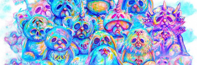 This image is of a collection of surreal bear-like creatures that are colorful and psychedelic indicating the  it's  hand-painted. The accompanying text indicates the bears are NFT artworks and part of the "MOPEYS RUNNING RIOT ON ETHEREUM SUPPLY." The image generates curiosity about the unique traits and qualities of each NFT.