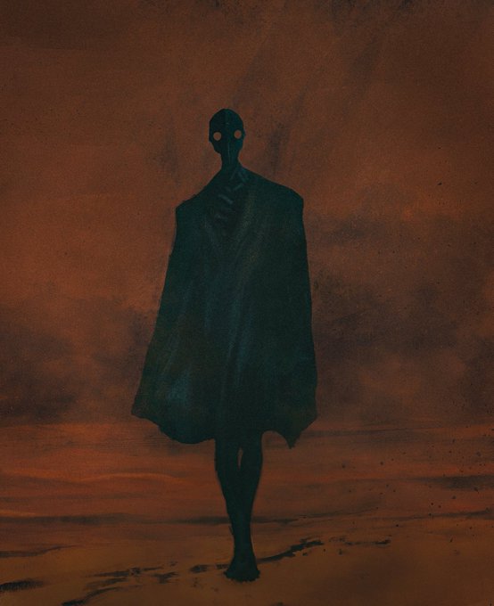 A dark, eerie painting shows a tall, slender humanoid figure with a featureless face and a flowing dark cloak standing in an orange, desolate landscape.