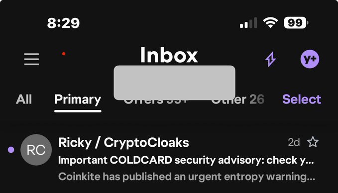 This image shows an inbox with an email from "Ricky / CryptoCloaks" about an "Important COLDCARD security advisory" and an "urgent entropy warning." The post "doing everything I can to help" likely refers to sharing this important security information.