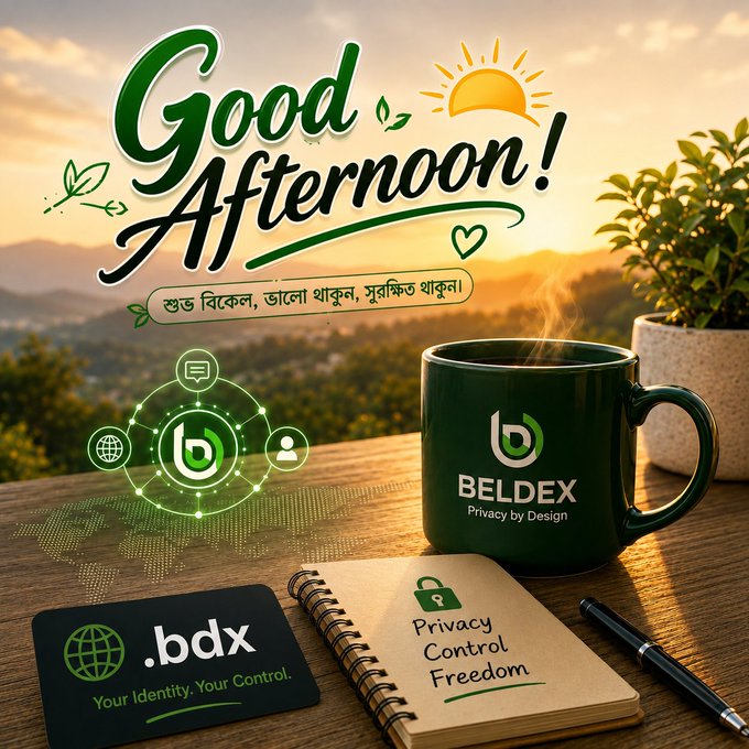 'Good Afternoon!' greeting graphic featuring Beldex branding, a green BELDEX mug with 'Privacy by Design', a .bdx card reading 'Your Identity. Your Control.', and a notebook labeled 'Privacy Control Freedom'.