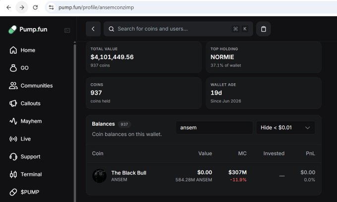 A screenshot of a Pump.fun profile for wallet 'ansemconzimp' showing a total value of $4,101,449.56 across 937 coins, with top holding NORMIE (37.1% of wallet).