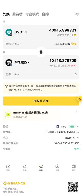 A Binance exchange app screen shows a token swap from USDT to PYUSD, displaying a -75.16% rate change and a 1 inch recommended exchange option.