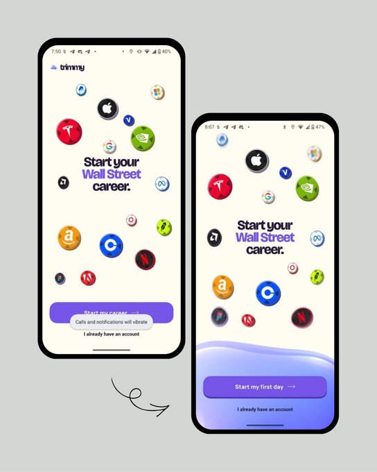 Two mobile phone screens show a sign-up page for an app called 'timny' with the headline 'Start your Wall Street career.' surrounded by various company logos.