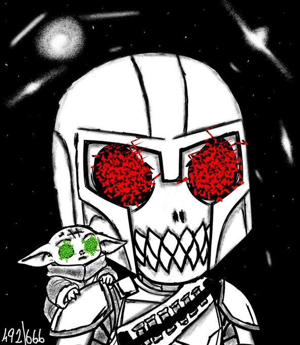 A black-and-white illustration depicts a skeletal figure in a helmet with piercing red scribbled eyes, holding a small creature with green eyes, against a starry background; it is numbered 492/666.