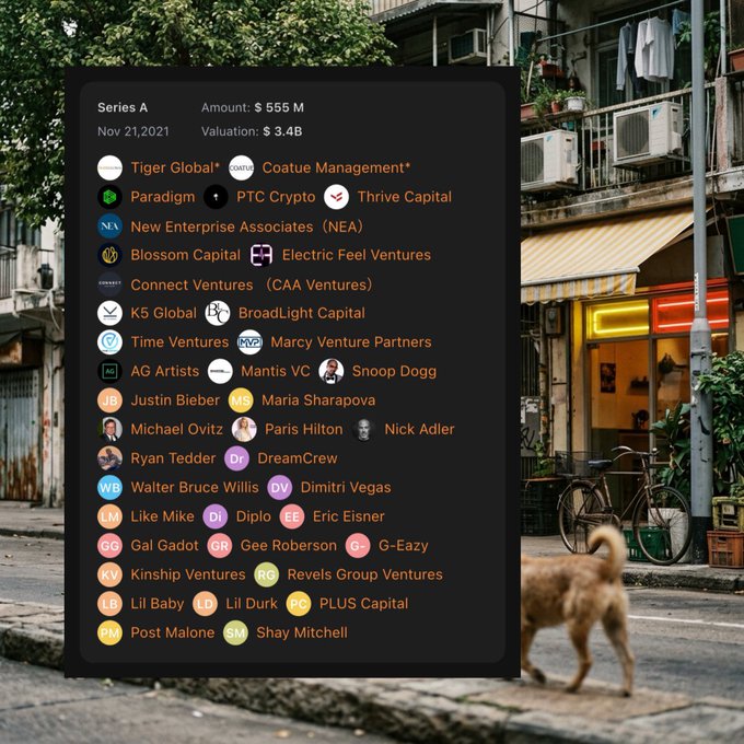 An overlay displays Moonpay's Series A funding details ($555M raised at a $3.4B valuation on Nov 21, 2021) alongside its investor list, which includes venture capital firms like Tiger Global and Coatue Management as well as celebrities such as Justin Bieber, Paris Hilton, Snoop Dogg, Post Malone, and Michael Ovitz. The image's juxtaposition of high-profile backers and the $3.4B valuation visually reinforces the post's point that Moonpay is a legitimate, well-capitalized crypto payments company, countering rumors of data leaks that might be used to retroactively airdrop-farm.
