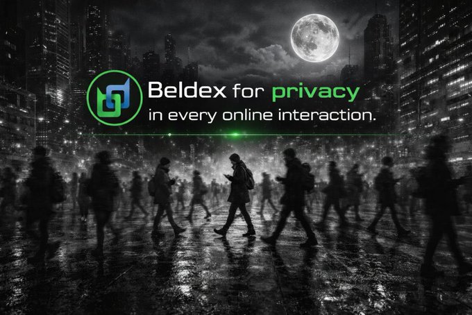 A promotional graphic reads 'Beldex for privacy in every online interaction.' against a backdrop of a silhouetted cityscape with crowds walking under a full moon.