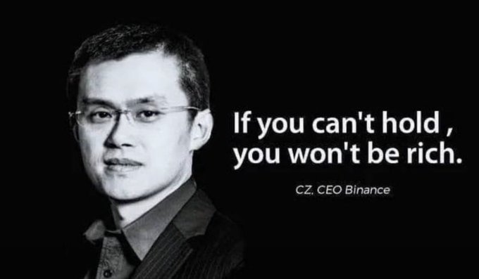 Black and white portrait of CZ (CEO of Binance) with the quote 'If you can't hold, you won't be rich.'